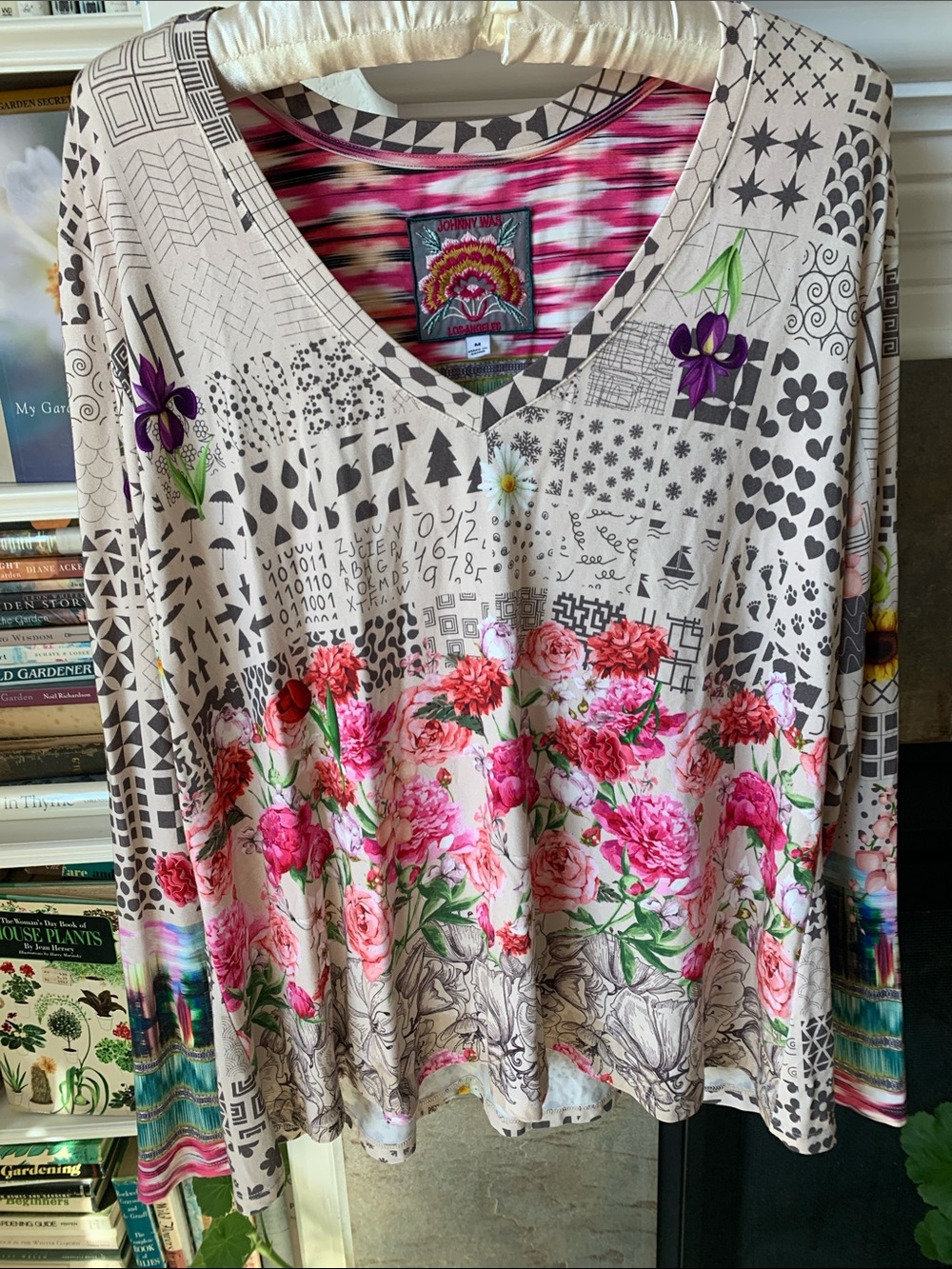 Johnny Was Pink Floral V-Neck Long Sleeve Top